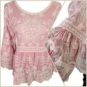 Kindred x Anthropologie Pink Cream Embroidered Top L Bell Sleeves Boho Romantic